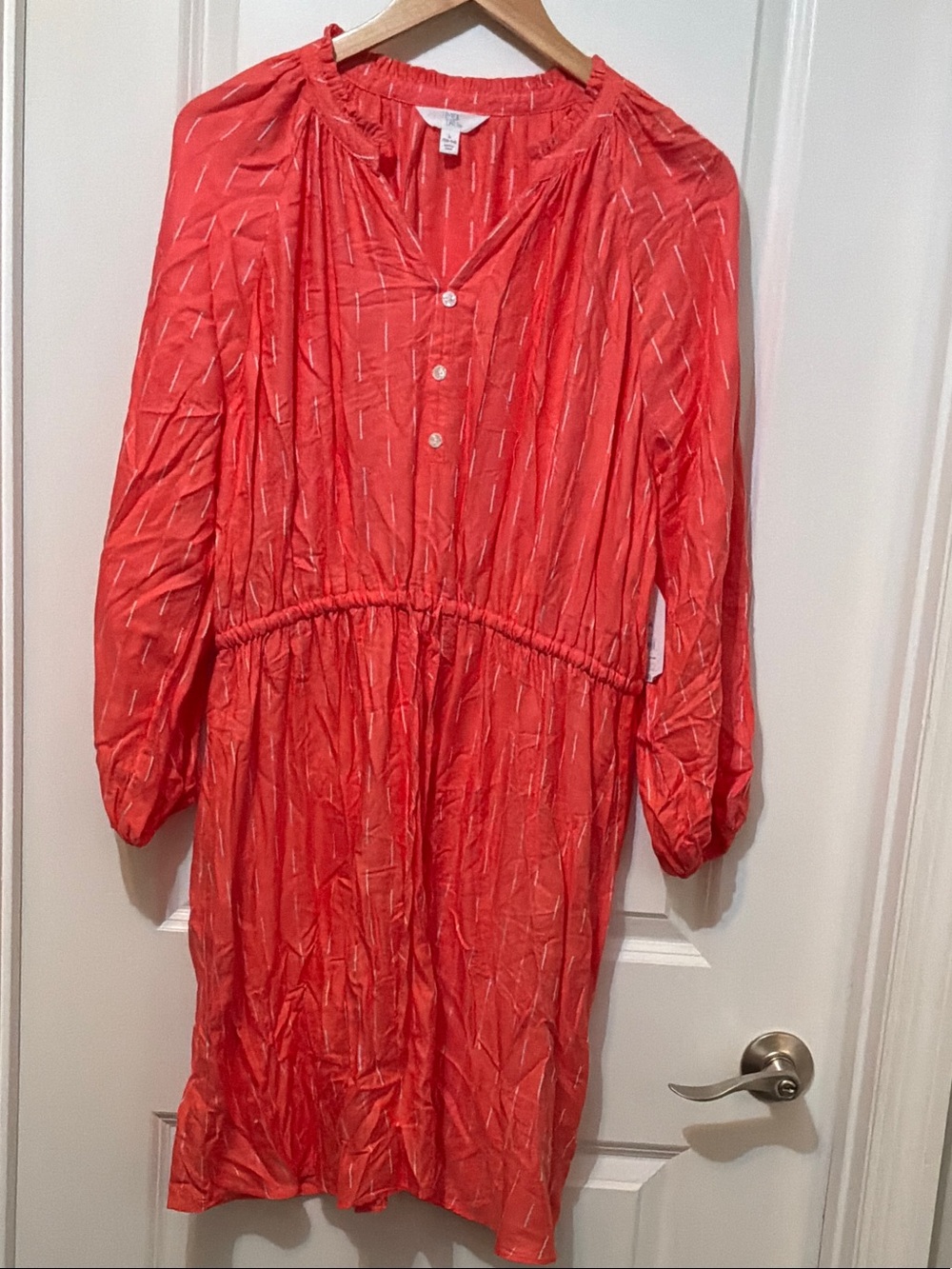Time and Tru Coral Red Button-Front Peasant Blouse size L 12-14